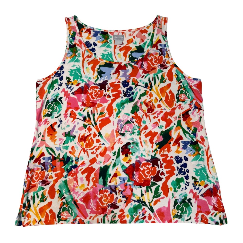 Chico's‎ Touch of Cool Tank Top Size 2 L Abstract Rose Floral Sleeveless Knit